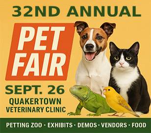 Pet Fair! - FREE Family Fun - Demonstrations, Kids Corner, Petting Zoo, Crafters, Vendors, Animals & Pets Galore. Adoptable Pets and Pet Rescues. Food & Refreshments, Music. See Quakertown Veterinary Clinic Facebook page for ALL the information!